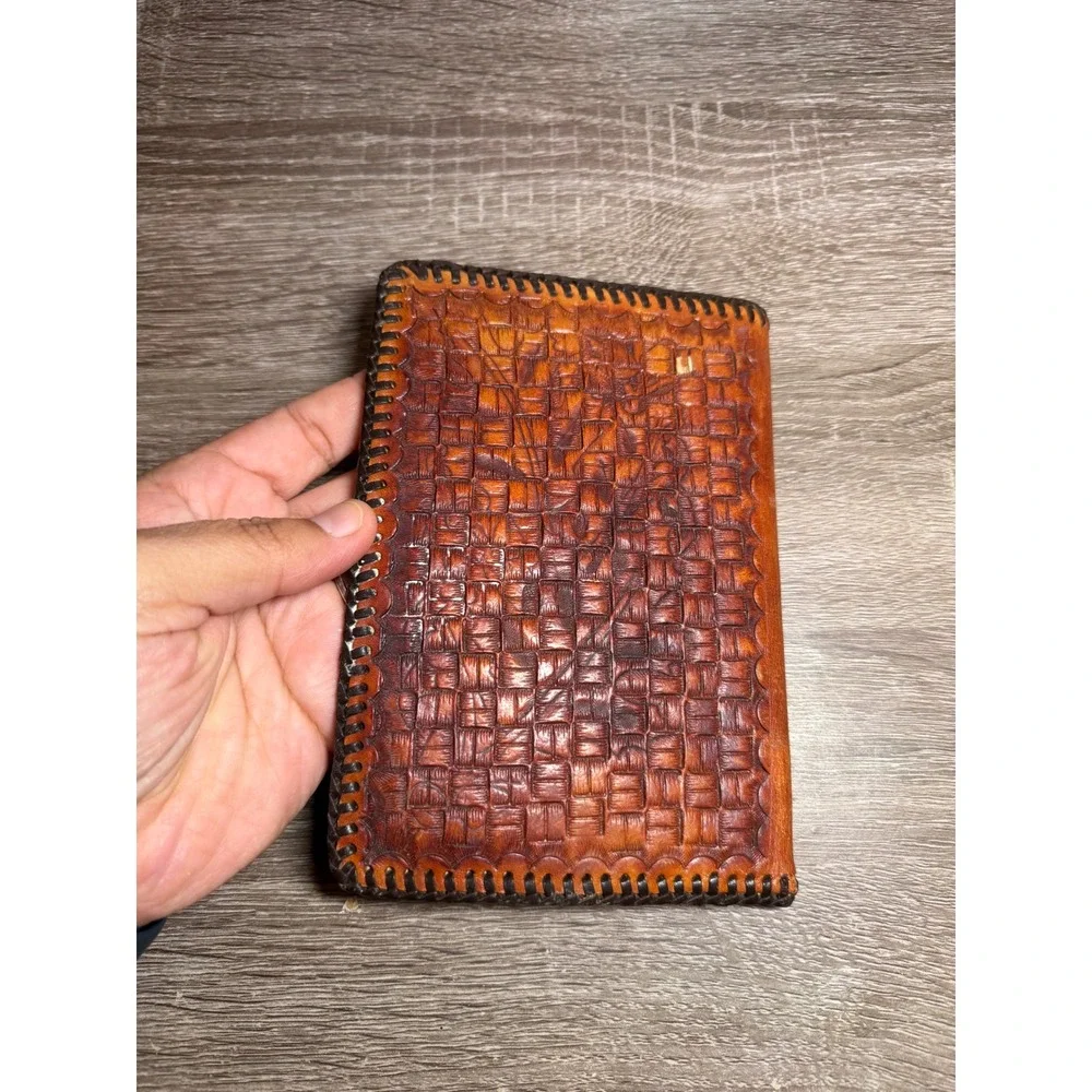 Leather Wallet or Planner Tooled Basketweave Monogram S Brown